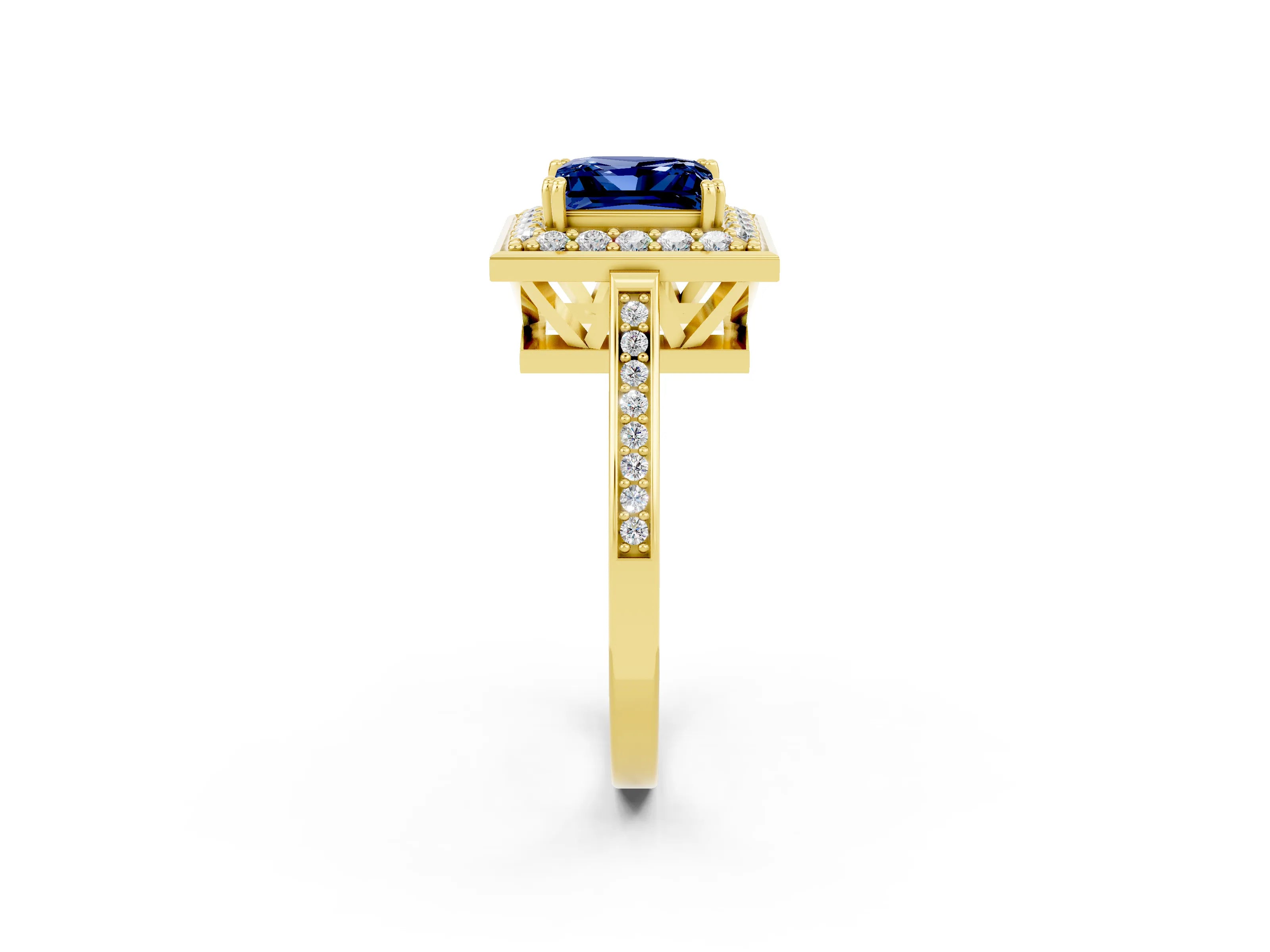 Yellow gold Princess Cut Blue Sapphire Halo Ring with Split Shank and Four-Prong Setting_2