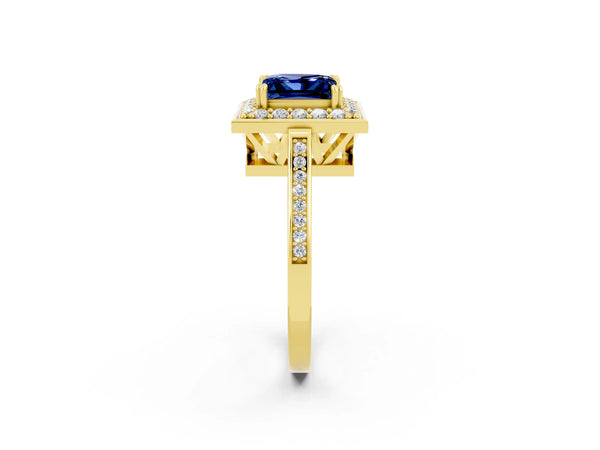 Yellow gold Princess Cut Blue Sapphire Halo Ring with Split Shank and Four-Prong Setting