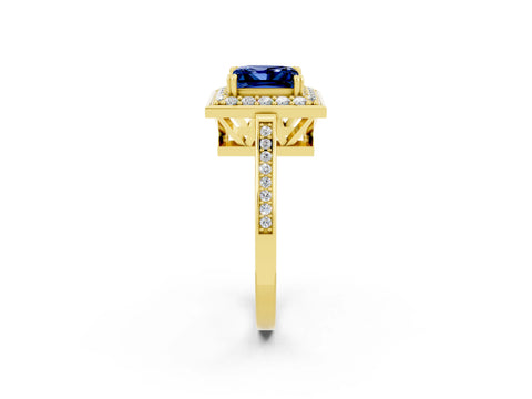 Yellow gold Princess Cut Blue Sapphire Halo Ring with Split Shank and Four-Prong Setting_2