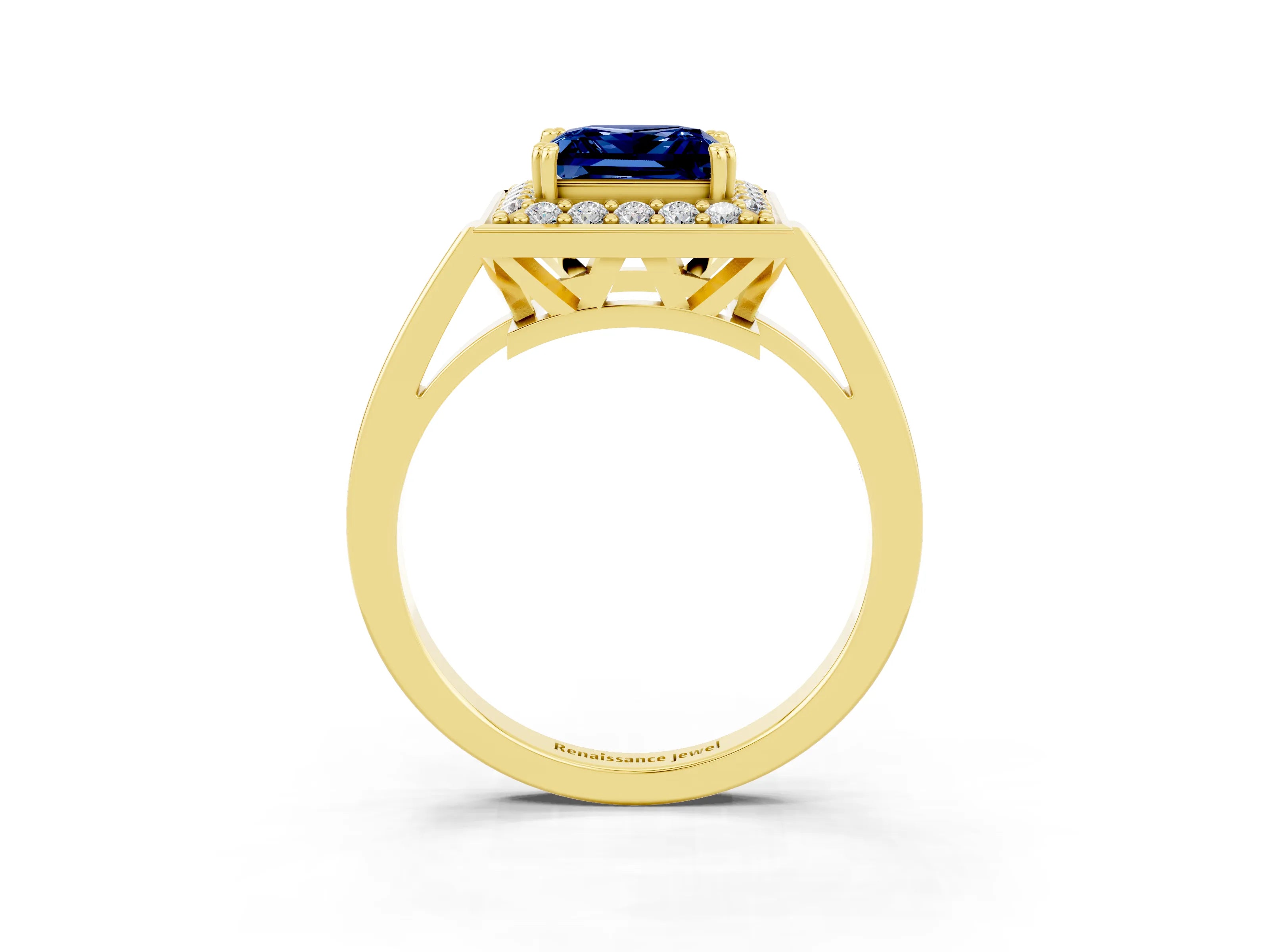 Yellow gold Princess Cut Blue Sapphire Halo Ring with Split Shank and Four-Prong Setting_3