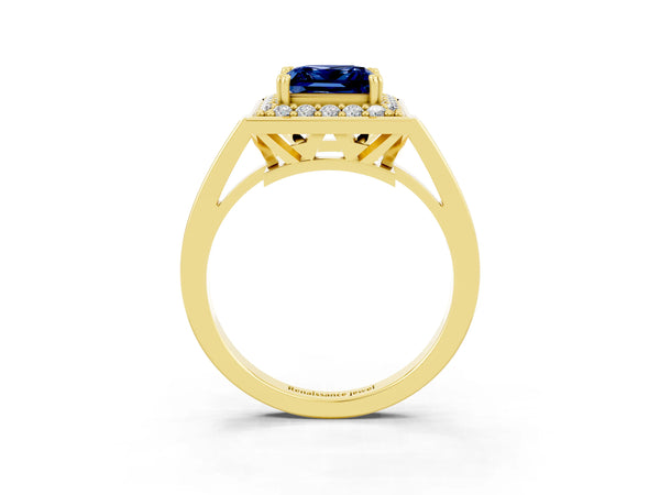 Yellow gold Princess Cut Blue Sapphire Halo Ring with Split Shank and Four-Prong Setting
