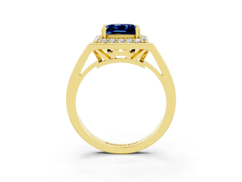 Yellow gold Princess Cut Blue Sapphire Halo Ring with Split Shank and Four-Prong Setting_3
