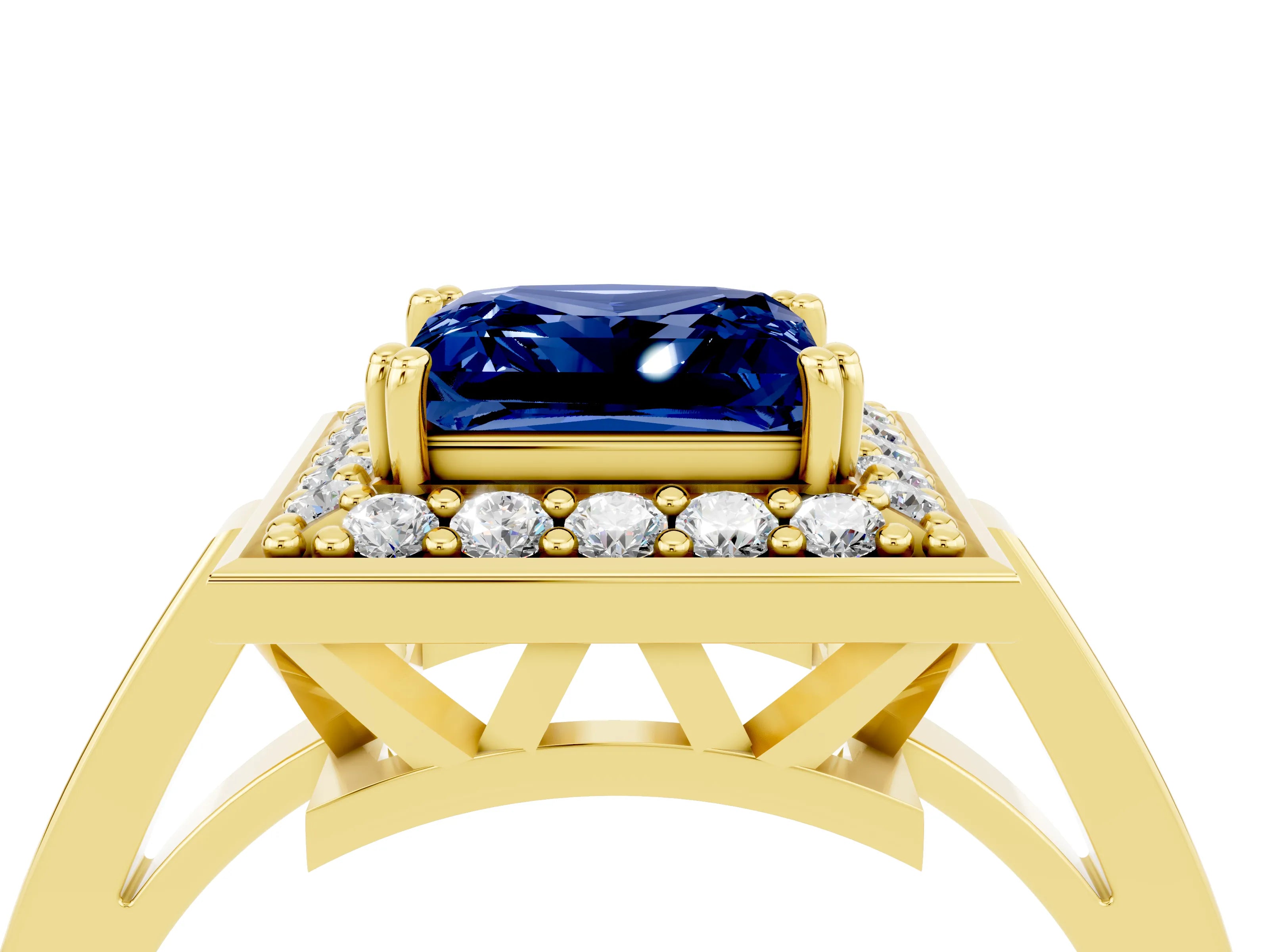 Yellow gold Princess Cut Blue Sapphire Halo Ring with Split Shank and Four-Prong Setting_4