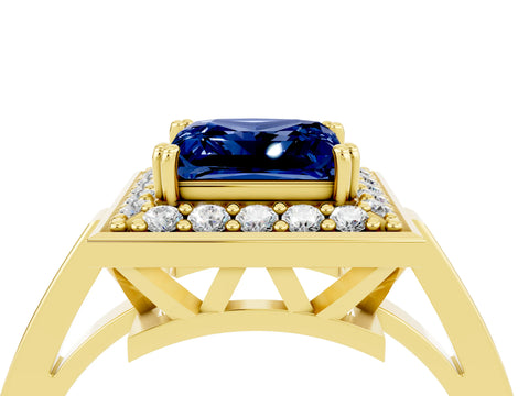 Yellow gold Princess Cut Blue Sapphire Halo Ring with Split Shank and Four-Prong Setting_4