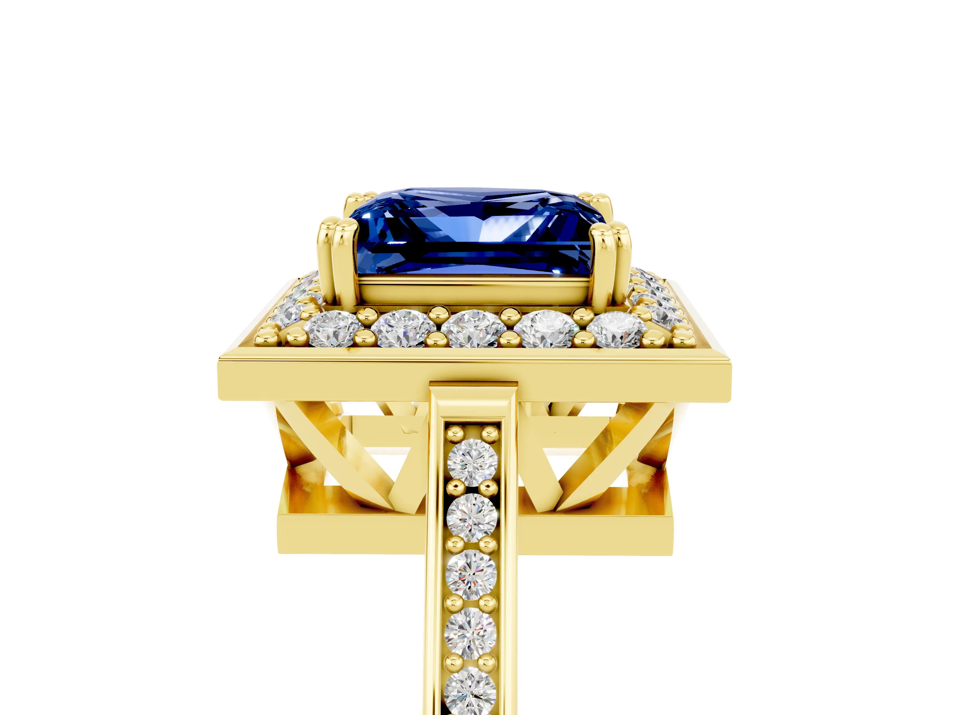 Yellow gold Princess Cut Blue Sapphire Halo Ring with Split Shank and Four-Prong Setting_5