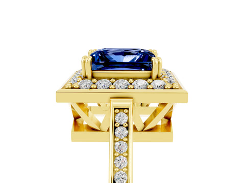Yellow gold Princess Cut Blue Sapphire Halo Ring with Split Shank and Four-Prong Setting_5