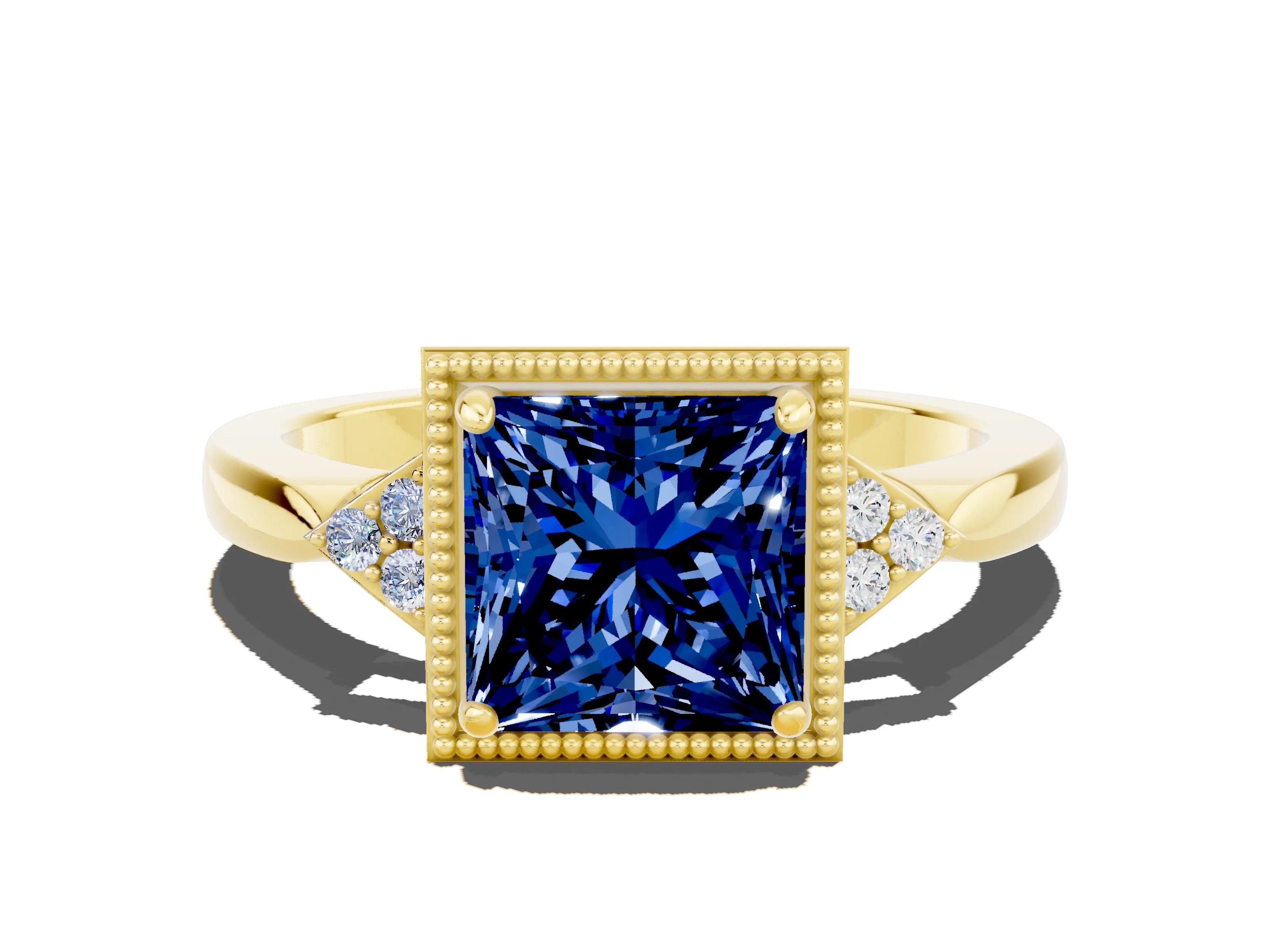 Yellow gold Princess Cut Blue Sapphire Halo Ring with Tapered Band and Four-Prong Setting