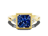 Yellow gold Princess Cut Blue Sapphire Halo Ring with Tapered Band and Four-Prong Setting