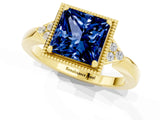 Yellow gold Princess Cut Blue Sapphire Halo Ring with Tapered Band and Four-Prong Setting_1