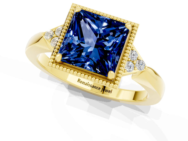 Yellow gold Princess Cut Blue Sapphire Halo Ring with Tapered Band and Four-Prong Setting