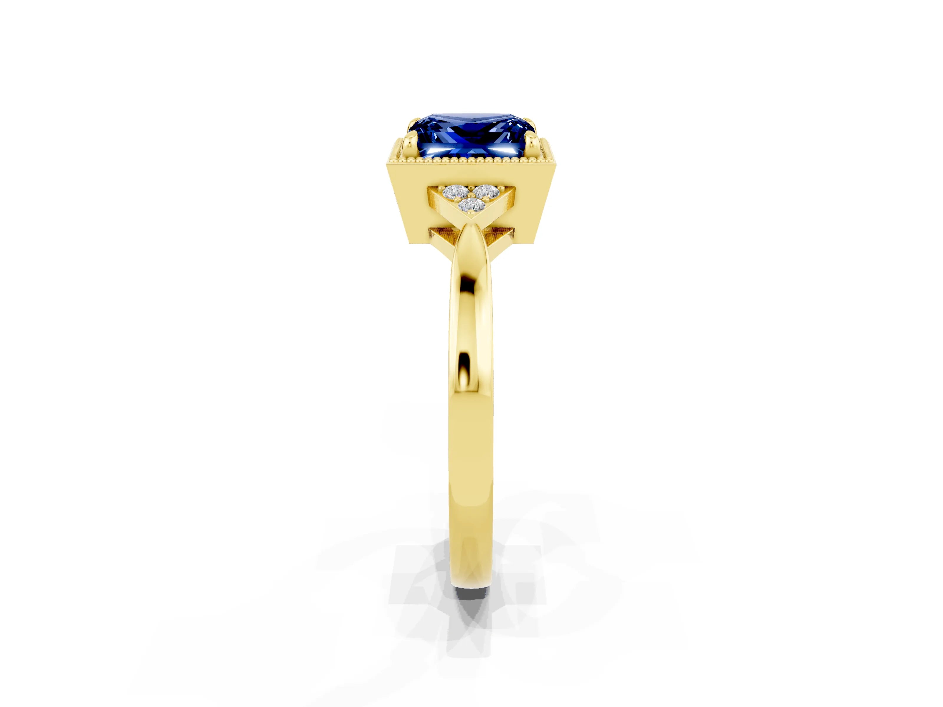 Yellow gold Princess Cut Blue Sapphire Halo Ring with Tapered Band and Four-Prong Setting_2