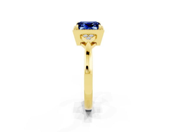 Yellow gold Princess Cut Blue Sapphire Halo Ring with Tapered Band and Four-Prong Setting