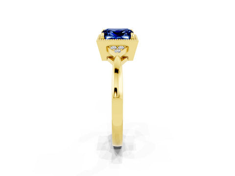 Yellow gold Princess Cut Blue Sapphire Halo Ring with Tapered Band and Four-Prong Setting_2