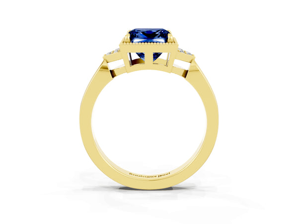 Yellow gold Princess Cut Blue Sapphire Halo Ring with Tapered Band and Four-Prong Setting