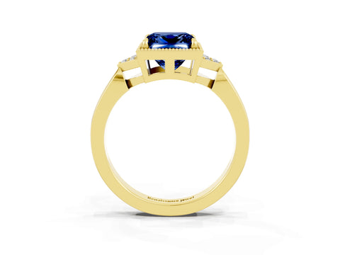Yellow gold Princess Cut Blue Sapphire Halo Ring with Tapered Band and Four-Prong Setting_3