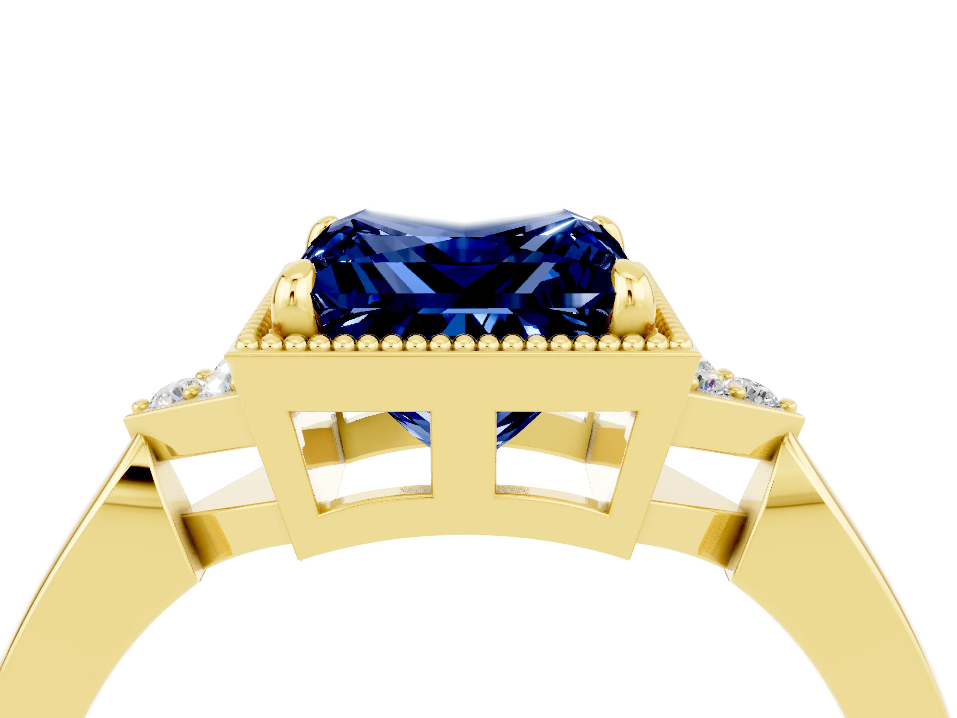 Yellow gold Princess Cut Blue Sapphire Halo Ring with Tapered Band and Four-Prong Setting_4