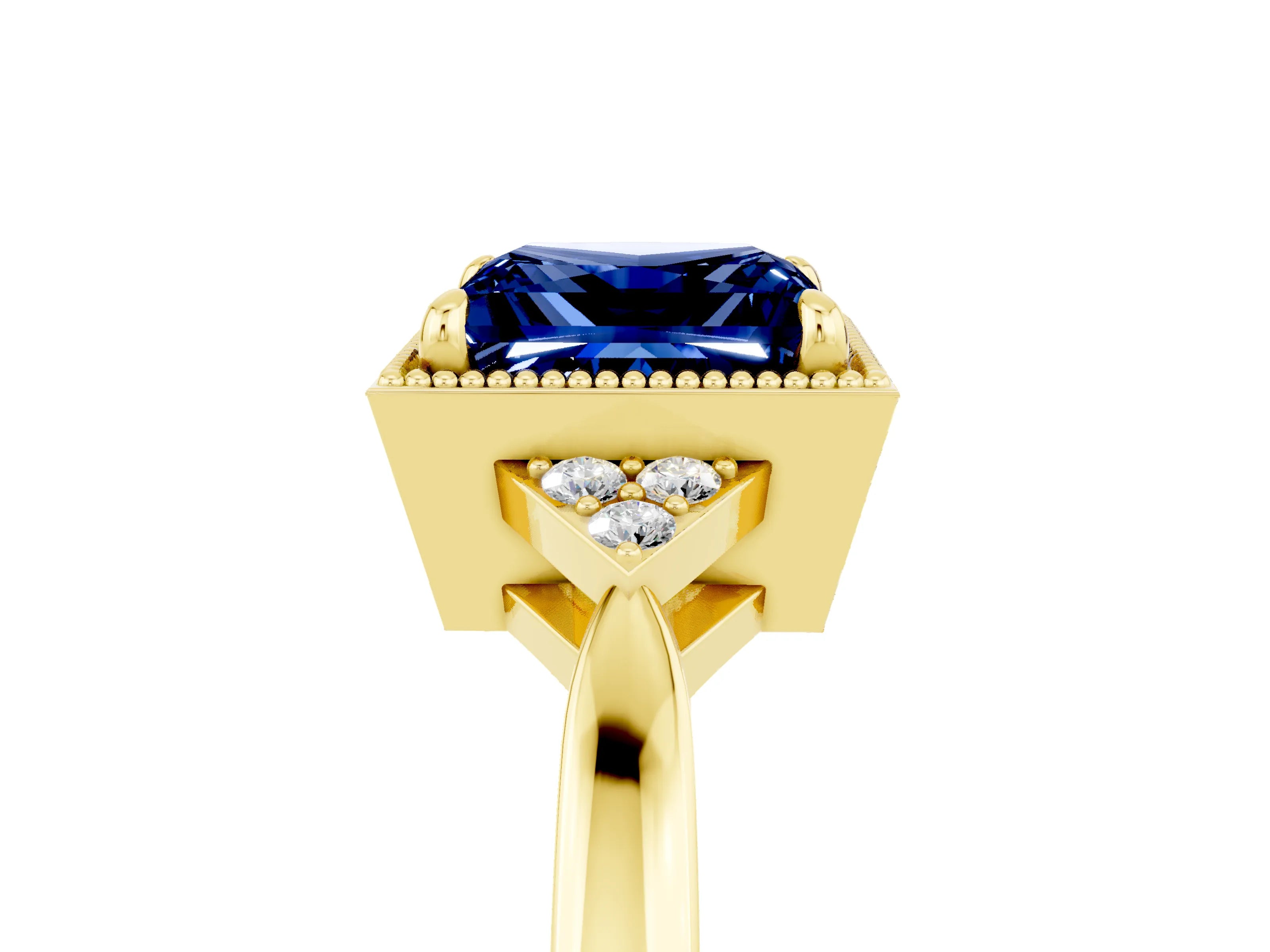 Yellow gold Princess Cut Blue Sapphire Halo Ring with Tapered Band and Four-Prong Setting_5