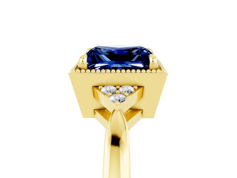 Yellow gold Princess Cut Blue Sapphire Halo Ring with Tapered Band and Four-Prong Setting_5