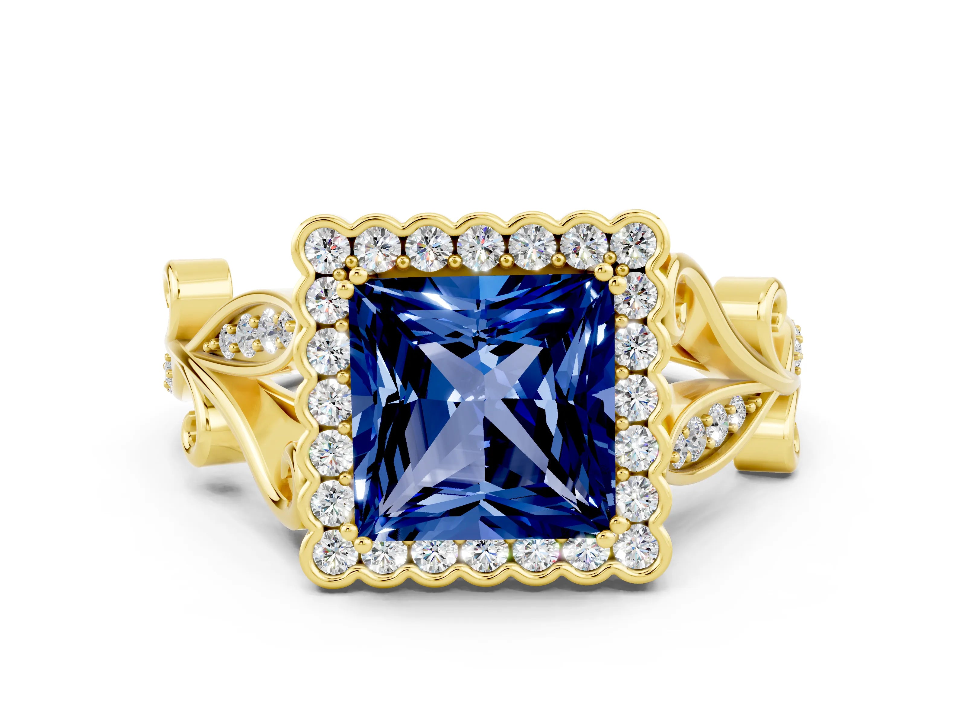 Yellow gold Princess Cut Blue Sapphire Halo Ring with Vintage Split Shank and Four-Prong Setting