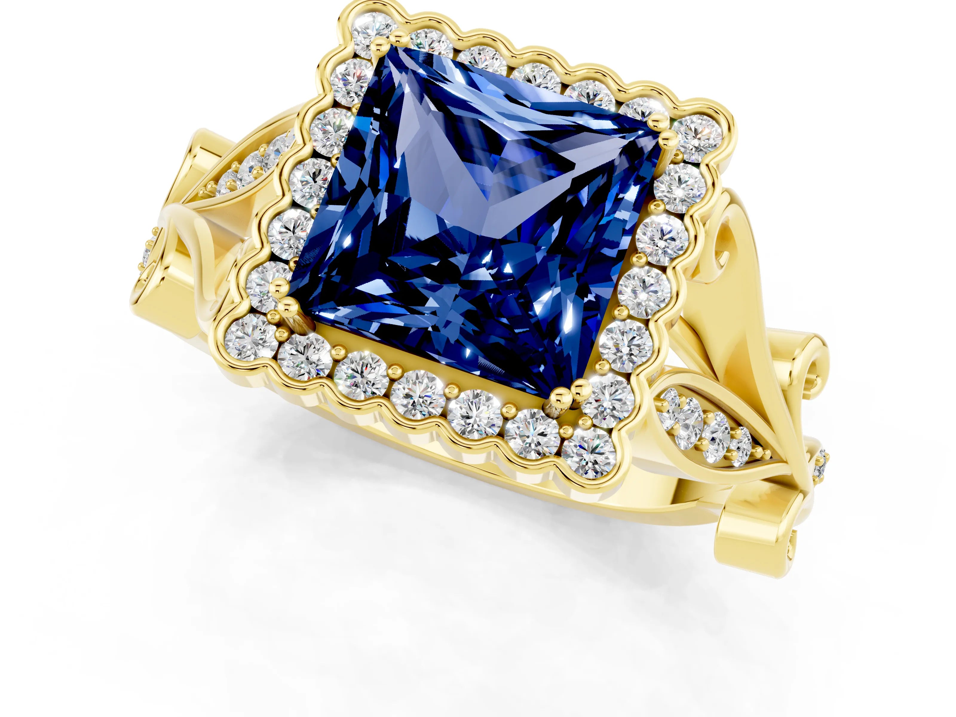 Yellow gold Princess Cut Blue Sapphire Halo Ring with Vintage Split Shank and Four-Prong Setting_1