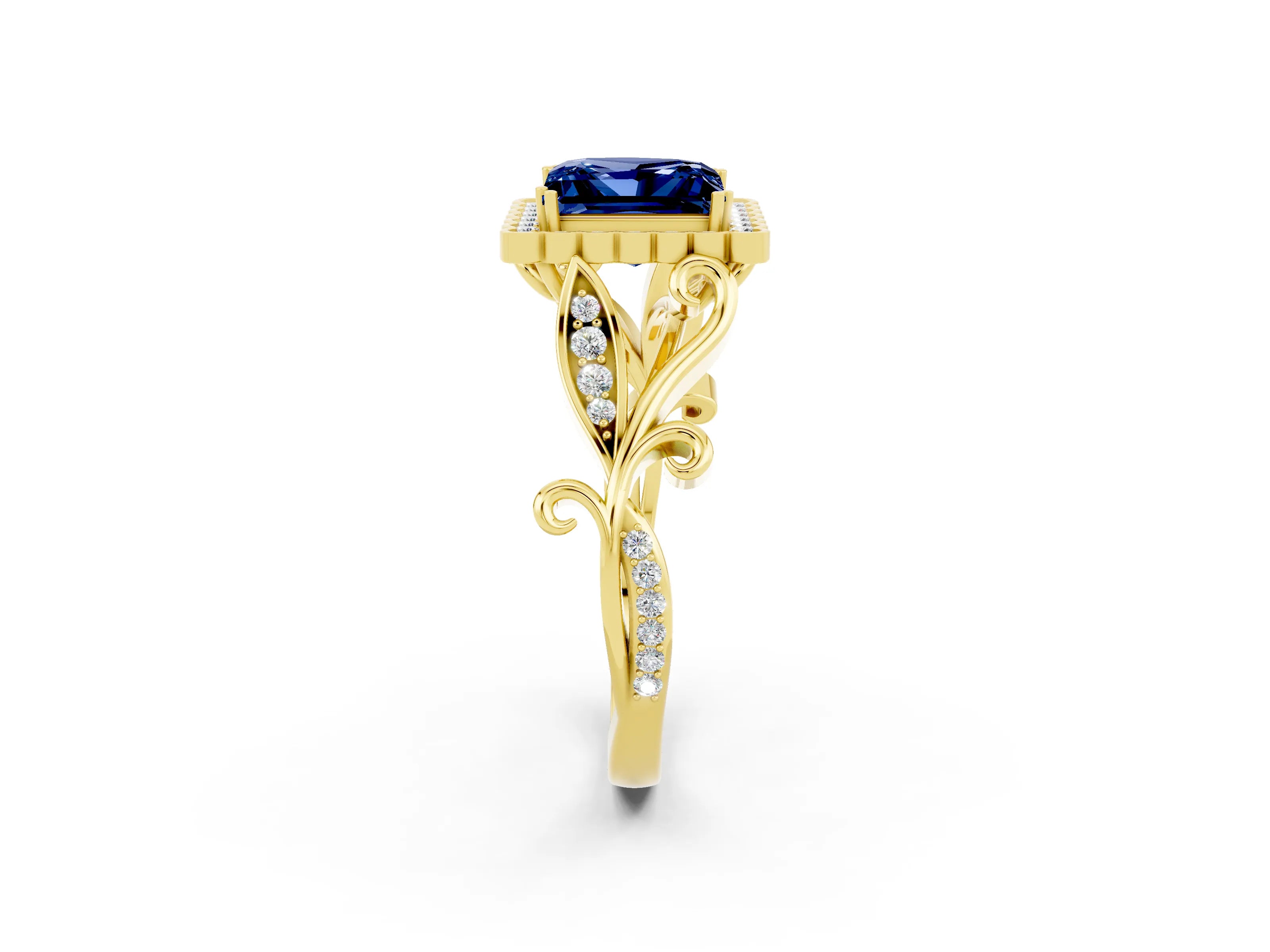 Yellow gold Princess Cut Blue Sapphire Halo Ring with Vintage Split Shank and Four-Prong Setting_2