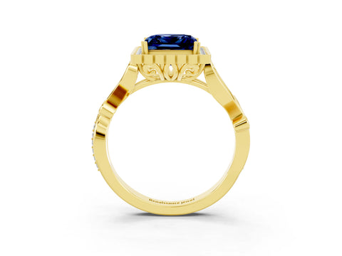 Yellow gold Princess Cut Blue Sapphire Halo Ring with Vintage Split Shank and Four-Prong Setting_3