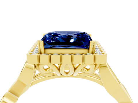 Yellow gold Princess Cut Blue Sapphire Halo Ring with Vintage Split Shank and Four-Prong Setting_4
