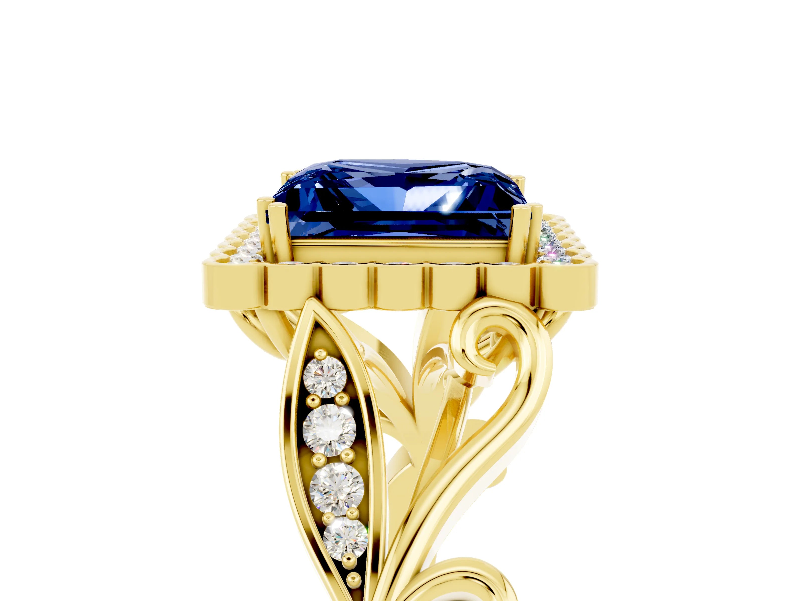 Yellow gold Princess Cut Blue Sapphire Halo Ring with Vintage Split Shank and Four-Prong Setting_5