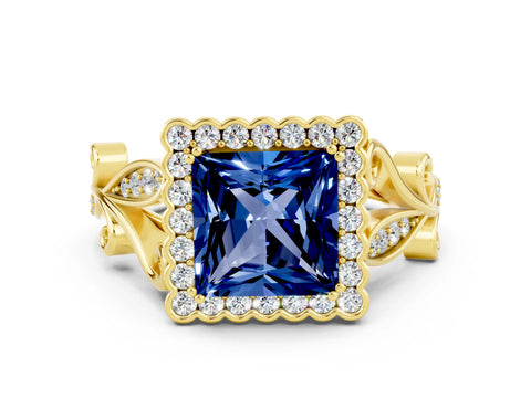 Yellow gold Princess Cut Blue Sapphire Halo Ring with Vintage Split Shank and Four-Prong Setting