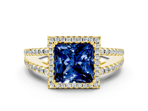 Yellow gold Princess Cut Blue Sapphire Halo Split Shank Engagement Ring_12