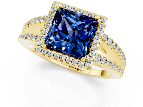 Yellow gold Princess Cut Blue Sapphire Halo Split Shank Engagement Ring_13