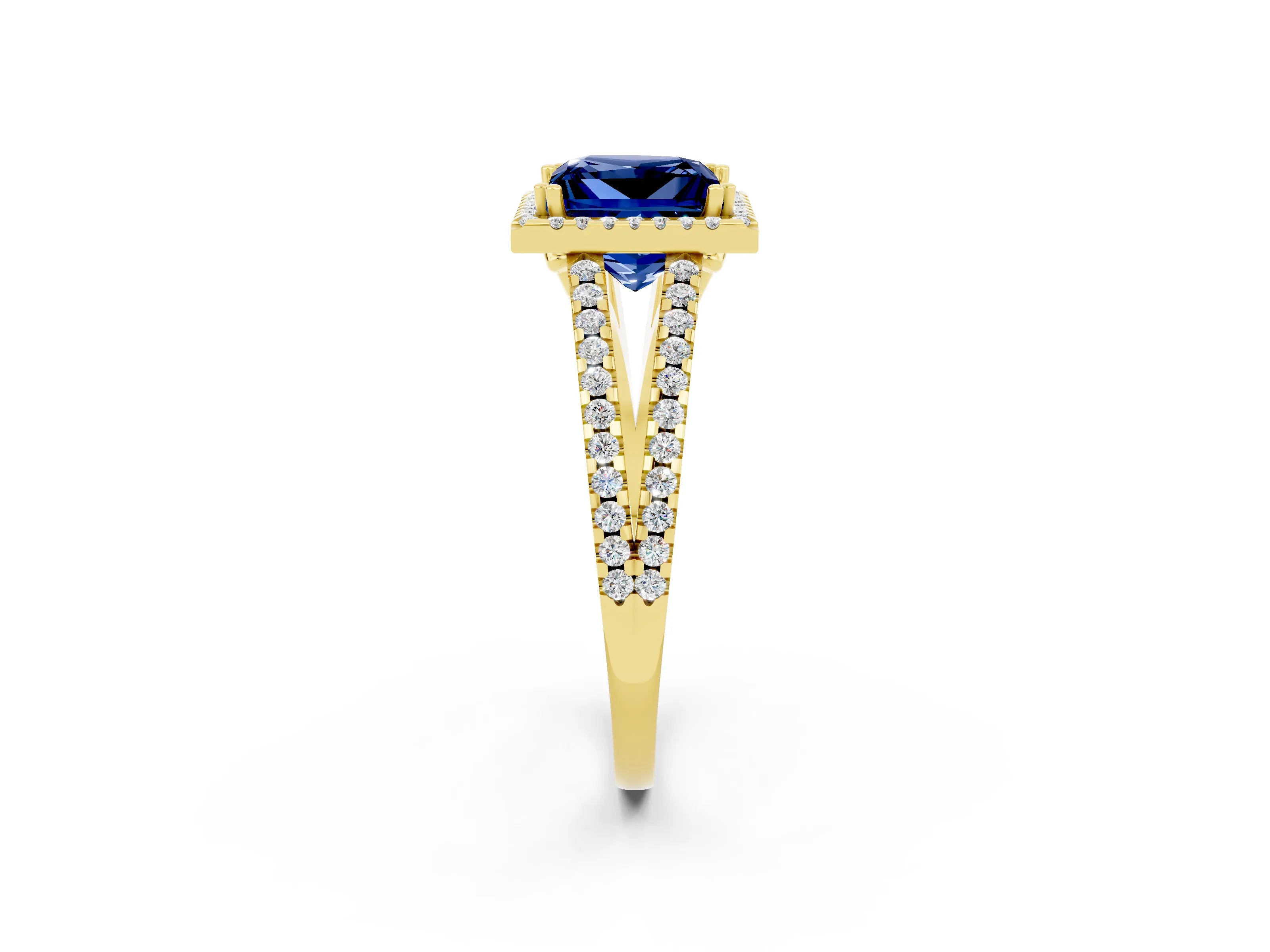 Yellow gold Princess Cut Blue Sapphire Halo Split Shank Engagement Ring_14