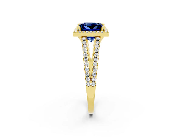 Yellow gold Princess Cut Blue Sapphire Halo Split Shank Engagement Ring