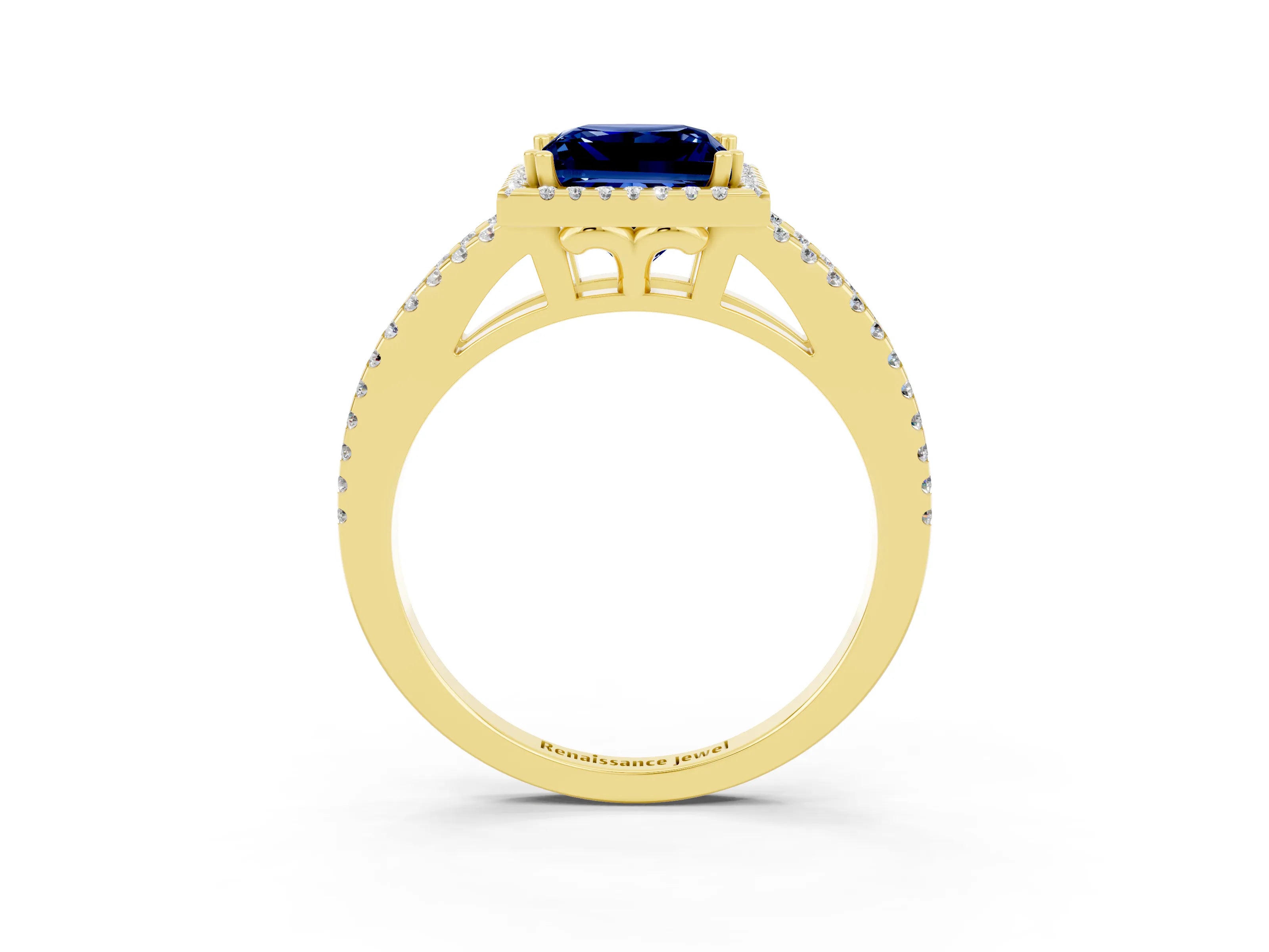 Yellow gold Princess Cut Blue Sapphire Halo Split Shank Engagement Ring_15