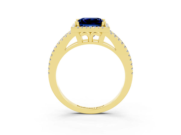 Yellow gold Princess Cut Blue Sapphire Halo Split Shank Engagement Ring