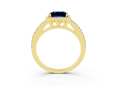 Yellow gold Princess Cut Blue Sapphire Halo Split Shank Engagement Ring_15