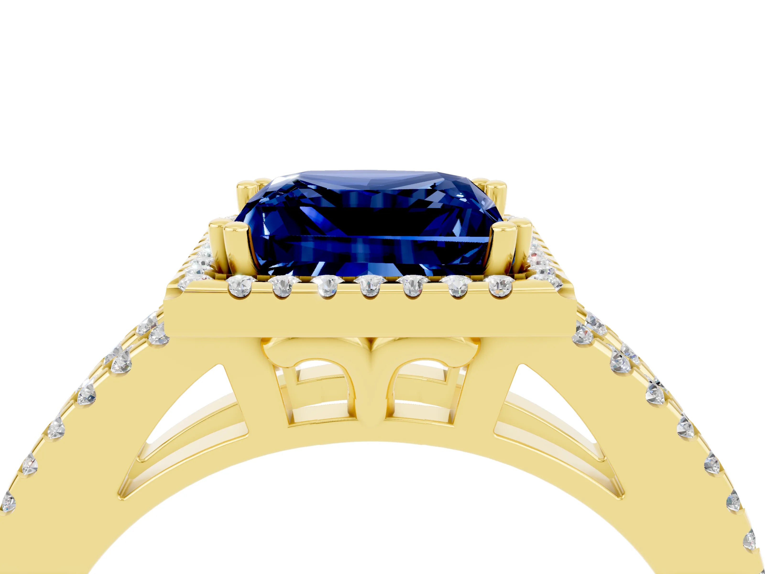Yellow gold Princess Cut Blue Sapphire Halo Split Shank Engagement Ring_16