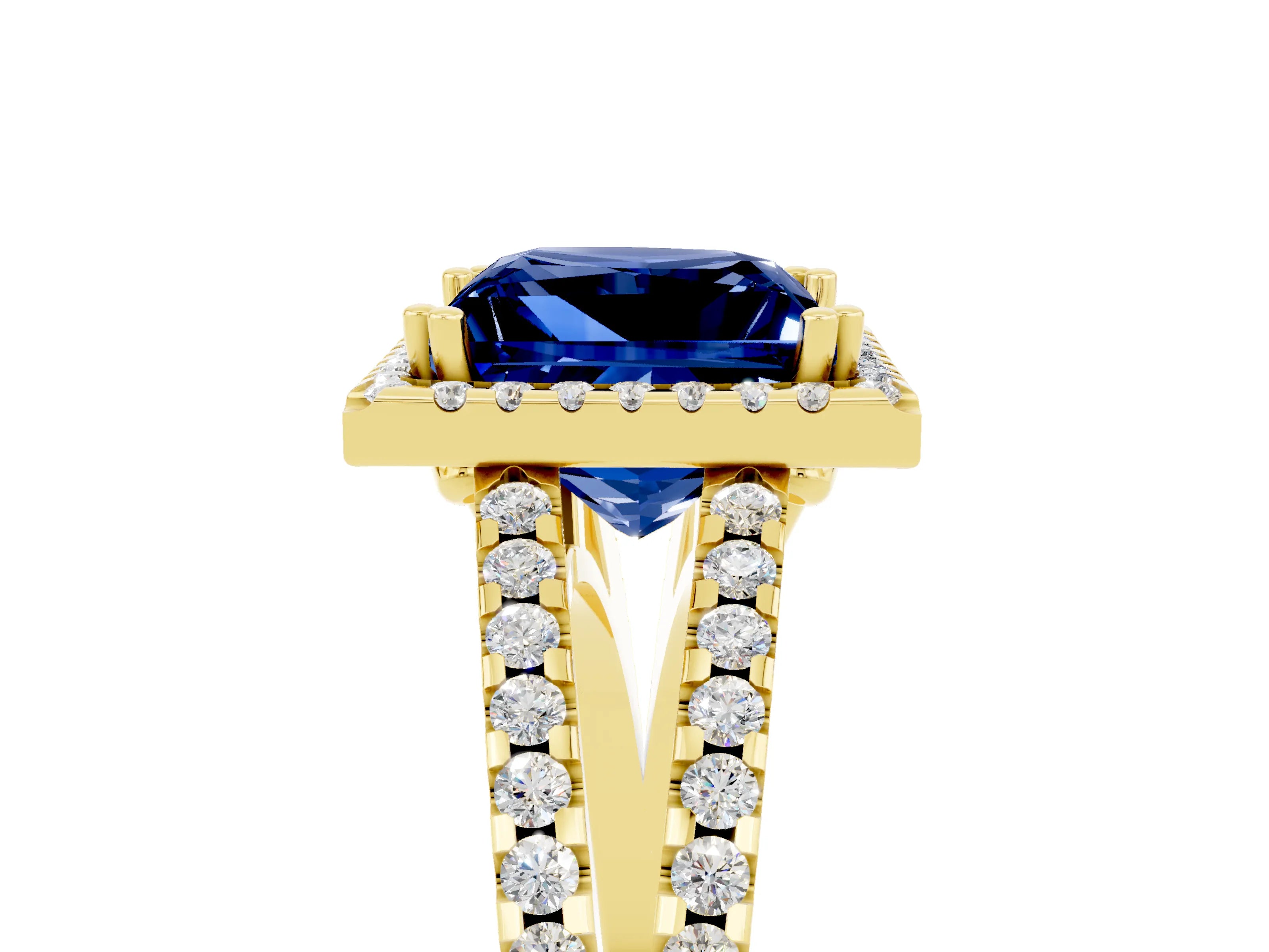 Yellow gold Princess Cut Blue Sapphire Halo Split Shank Engagement Ring_17