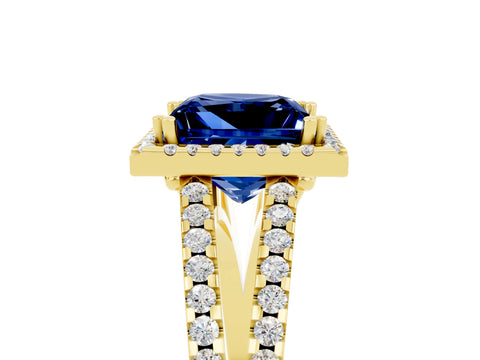 Yellow gold Princess Cut Blue Sapphire Halo Split Shank Engagement Ring_17