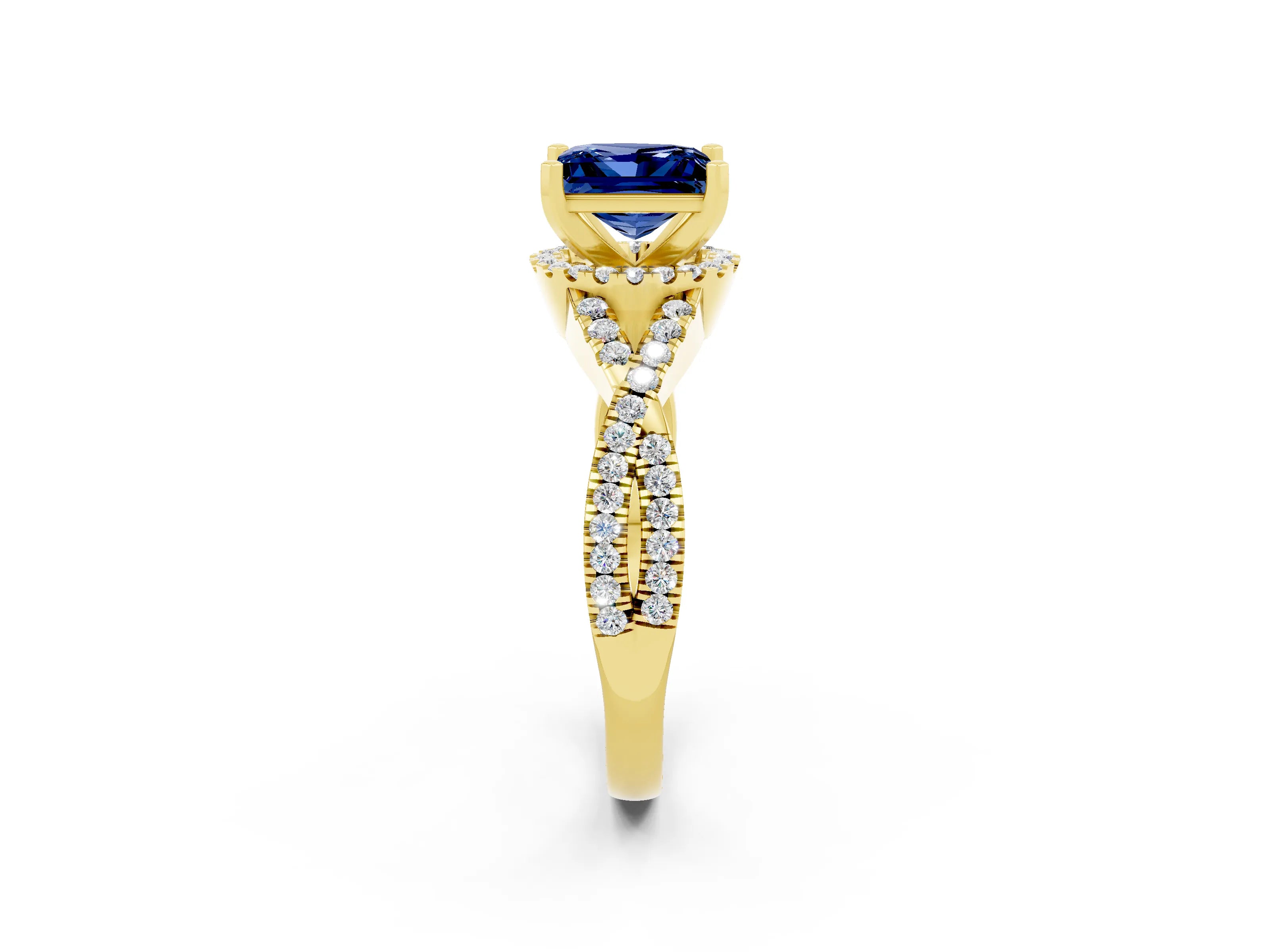 Yellow gold Princess Cut Blue Sapphire Halo Twist Band Solitaire Prong Setting Ring_2