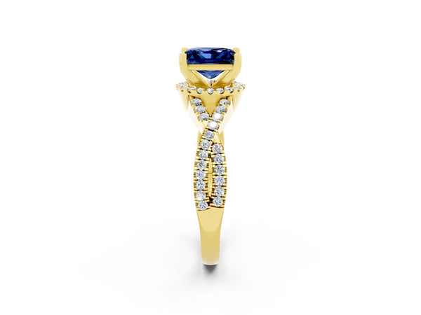 Yellow gold Princess Cut Blue Sapphire  Halo Twist Band Solitaire Prong Setting Ring