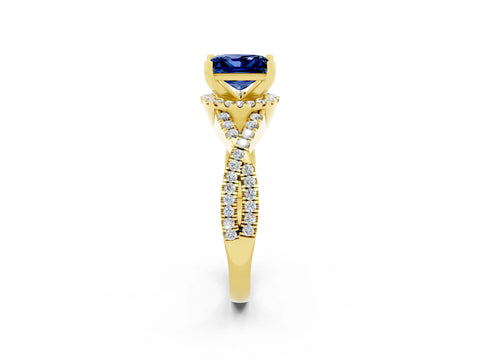 Yellow gold Princess Cut Blue Sapphire Halo Twist Band Solitaire Prong Setting Ring_2