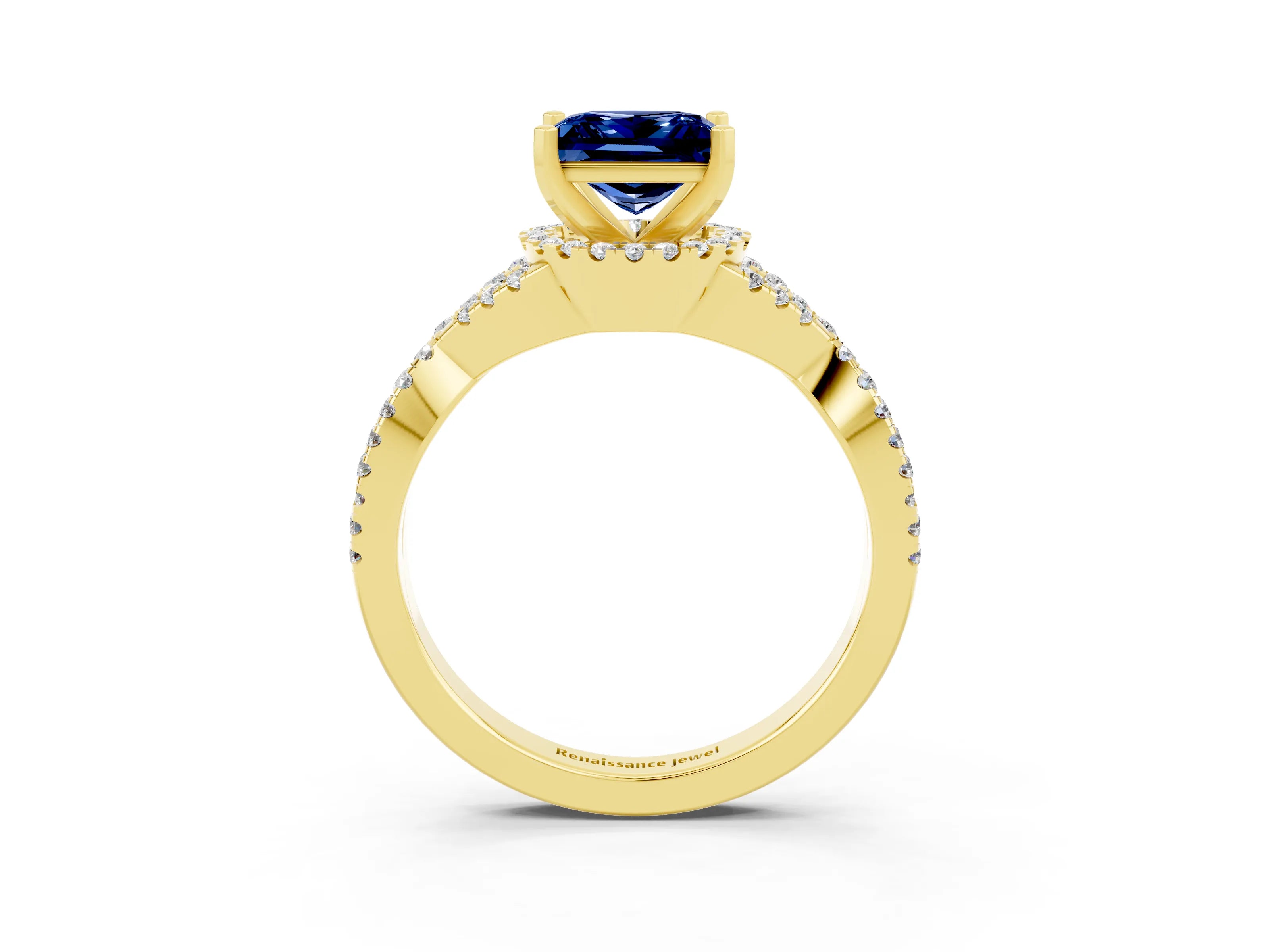 Yellow gold Princess Cut Blue Sapphire Halo Twist Band Solitaire Prong Setting Ring_3