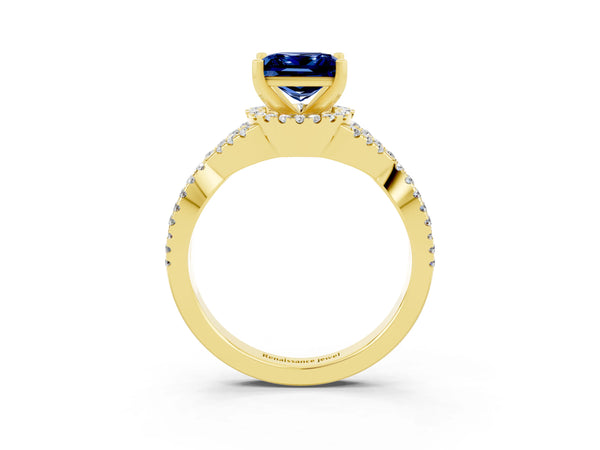 Yellow gold Princess Cut Blue Sapphire  Halo Twist Band Solitaire Prong Setting Ring