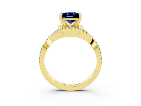 Yellow gold Princess Cut Blue Sapphire Halo Twist Band Solitaire Prong Setting Ring_3