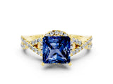 Yellow gold Princess Cut Blue Sapphire  Halo Twist Band Solitaire Prong Setting Ring_42