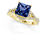 Yellow gold Princess Cut Blue Sapphire  Halo Twist Band Solitaire Prong Setting Ring_43
