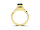 Yellow gold Princess Cut Blue Sapphire  Halo Twist Band Solitaire Prong Setting Ring_45