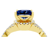 Yellow gold Princess Cut Blue Sapphire  Halo Twist Band Solitaire Prong Setting Ring_46