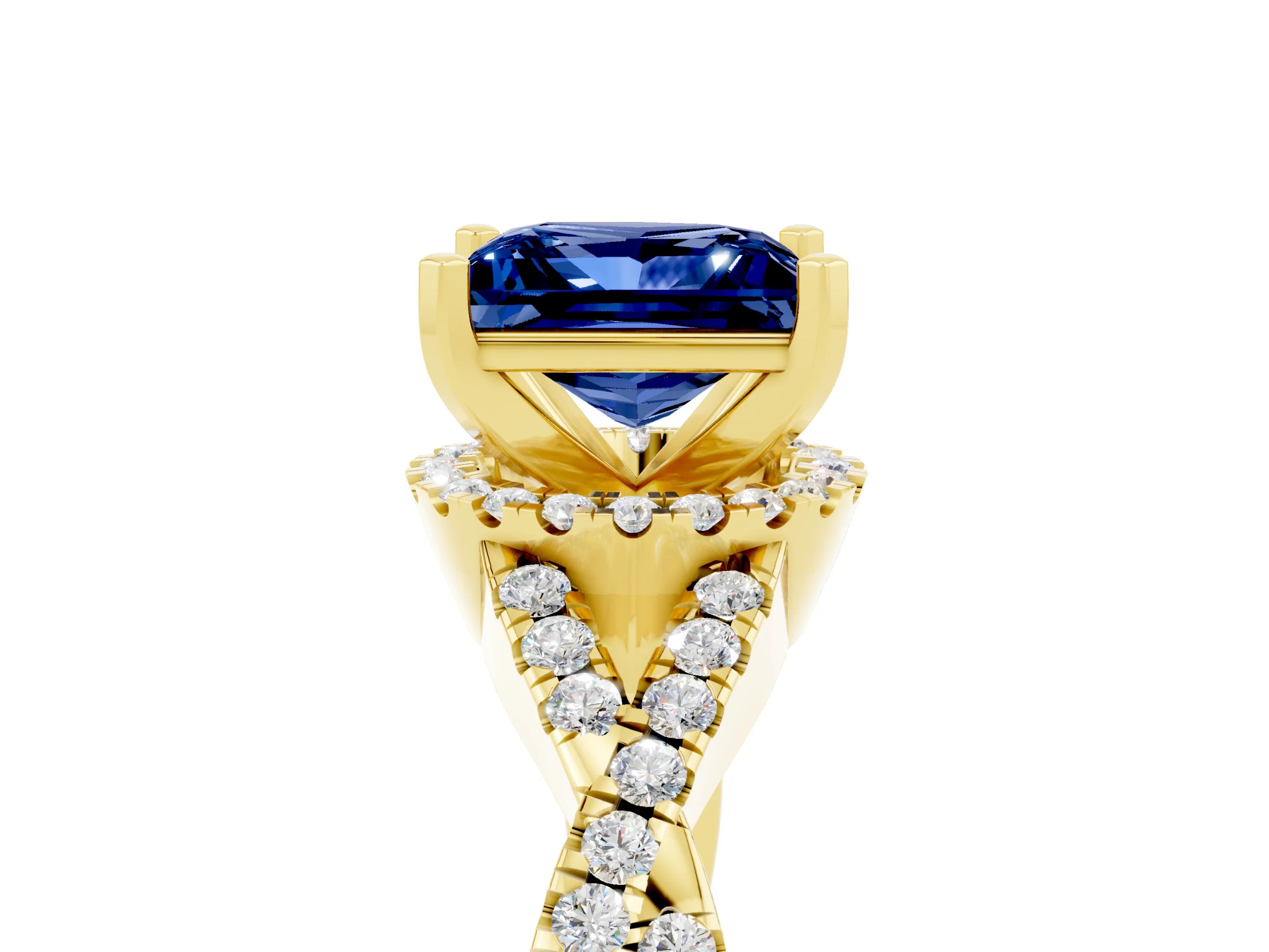 Yellow gold Princess Cut Blue Sapphire Halo Twist Band Solitaire Prong Setting Ring_5